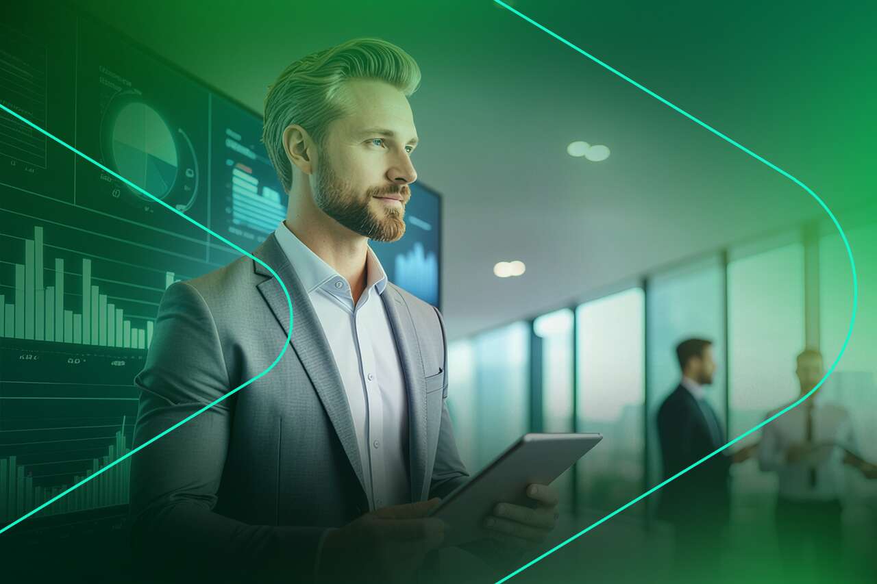 Homem em terno usando tablet em ambiente corporativo