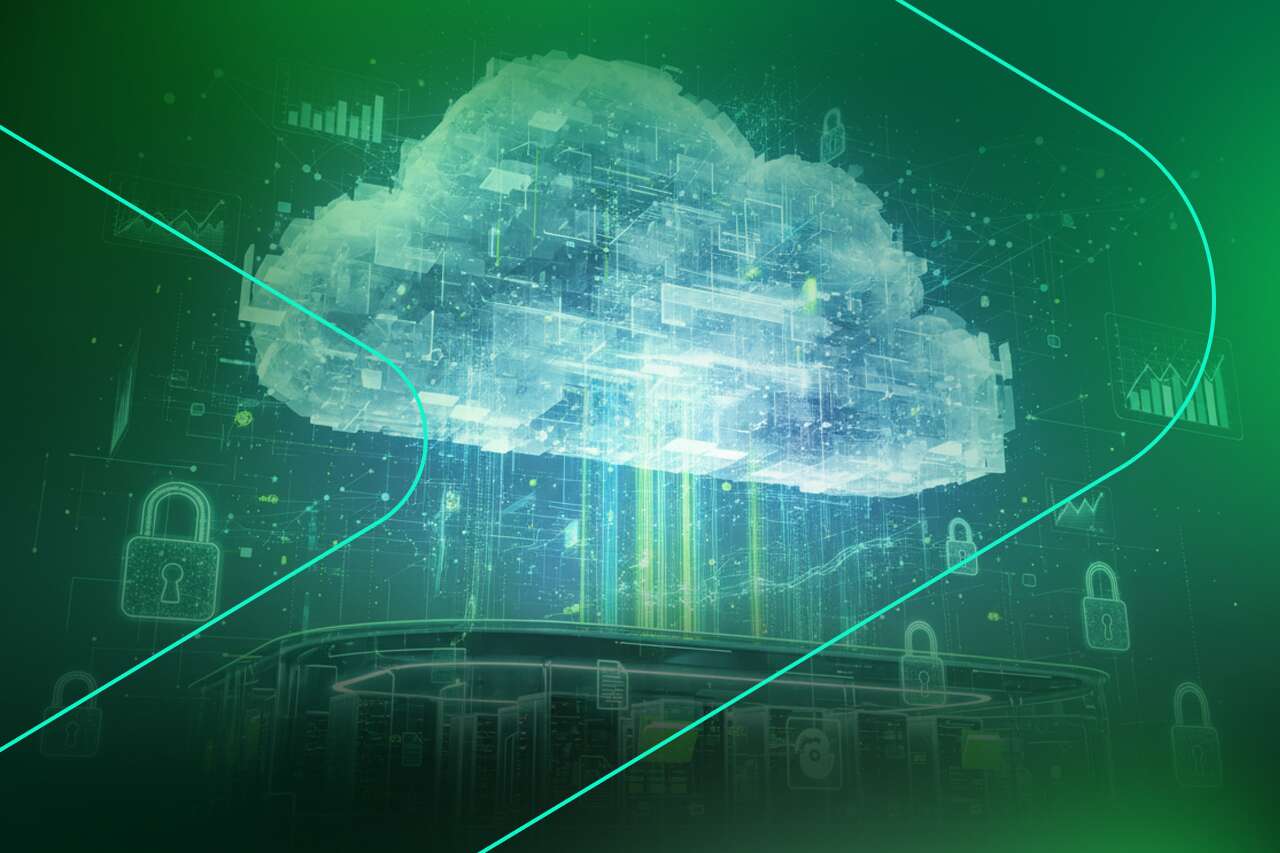Nuvem digital com gráficos e segurança em fundo verde