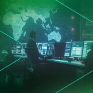 Homem em central de monitoramento com mapas digitais