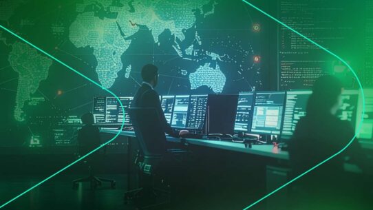 Homem em central de monitoramento com mapas digitais