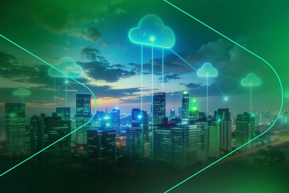 Cidade moderna com nuvens representando tecnologia em nuvem