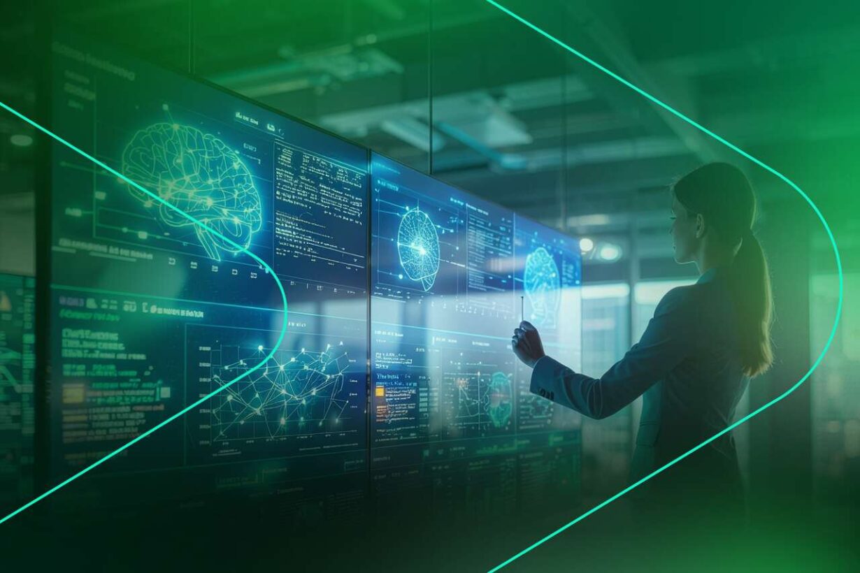 Mulher interagindo com painel de dados analíticos