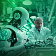 Robô e humano trabalhando juntos em laboratório