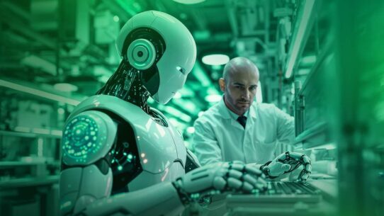 Robô e humano trabalhando juntos em laboratório