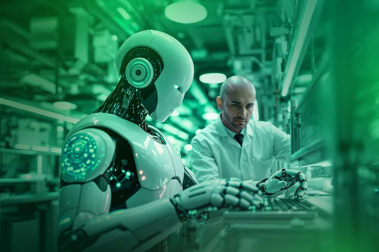 Robô e humano trabalhando juntos em laboratório