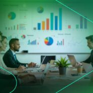 Reunião empresarial com gráficos e laptops