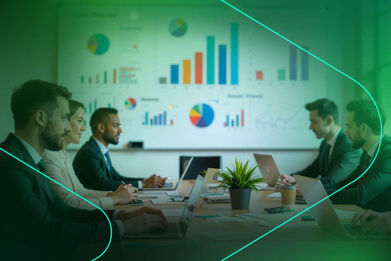 Reunião empresarial com gráficos e laptops