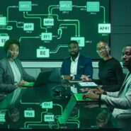 Equipe em reunião com tecnologia avançada em fundo verde.