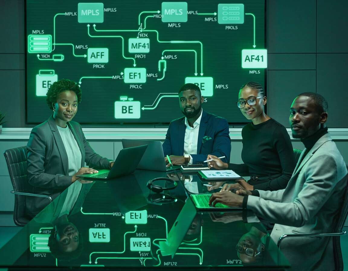 Equipe em reunião com tecnologia avançada em fundo verde.