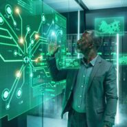 Homem analisando dados em painel digital.