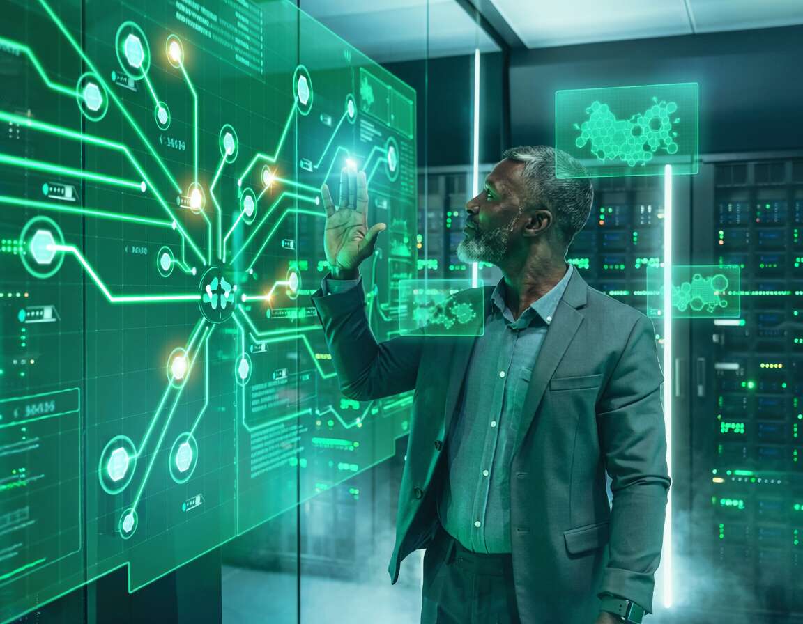 Homem analisando dados em painel digital.