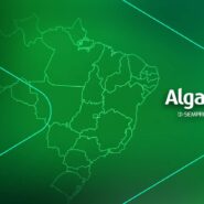 Mapa do Brasil com a logo da Algar e fundo verde.