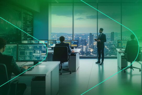 Profissionais em escritório de tecnologia com vista da cidade
