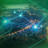 Vista aérea de cidade com conexões digitais