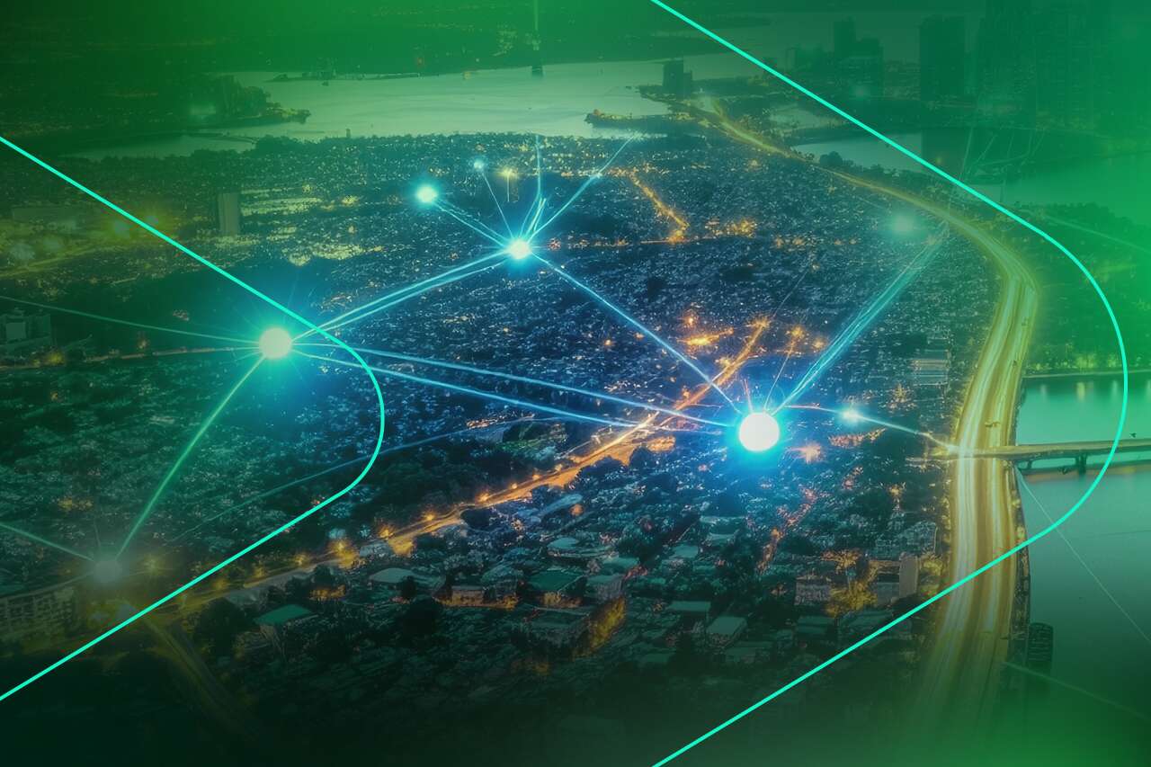 Vista aérea de cidade com conexões digitais