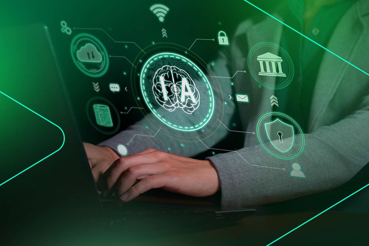 Homem usando laptop com ícones de tecnologia e segurança