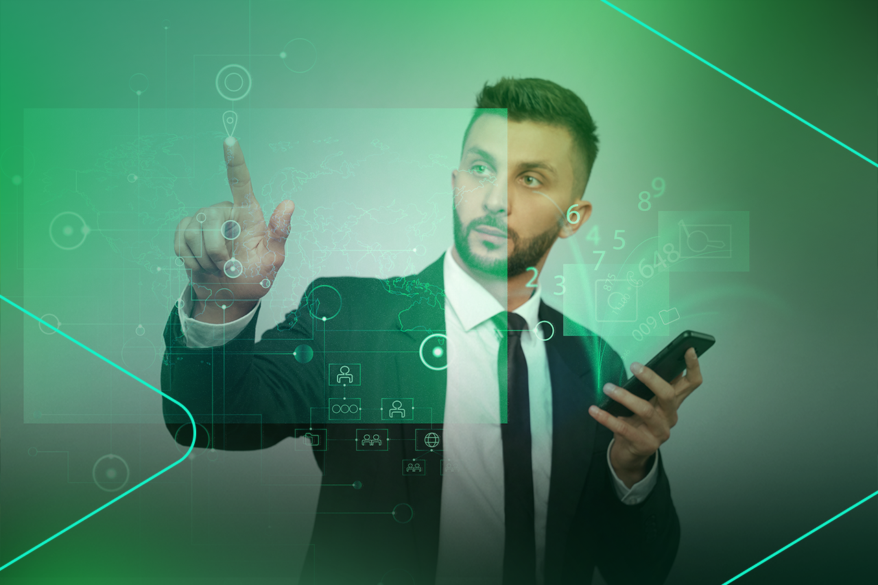 Homem em terno interagindo com tecnologia digital.
