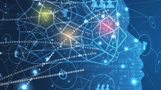 Holograma tecnológico com formato humano representando as transformações digitai