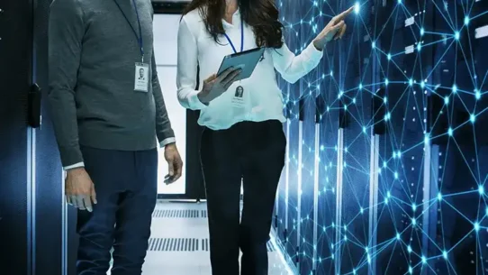 Homem e mulher interagindo com tecnologia