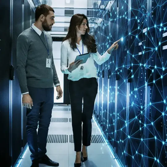 Homem e mulher interagindo com tecnologia