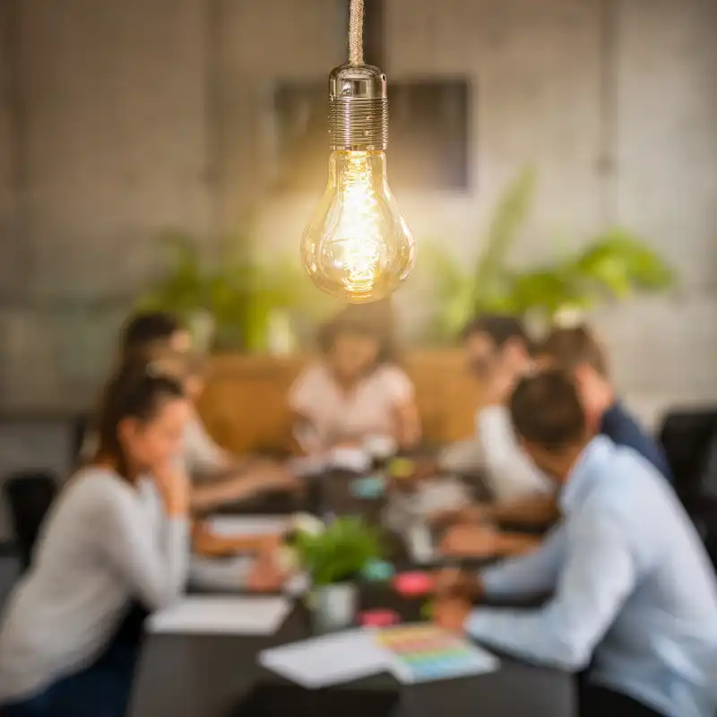 Um grupo de pessoas em reunião, com uma lâmpada iluminando a sala, em foco no centro.