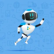 Robô com a logo da Algar no peito, com o fundo azul.