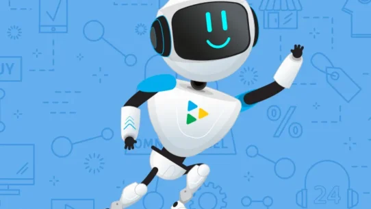 Robô com a logo da Algar no peito, com o fundo azul.