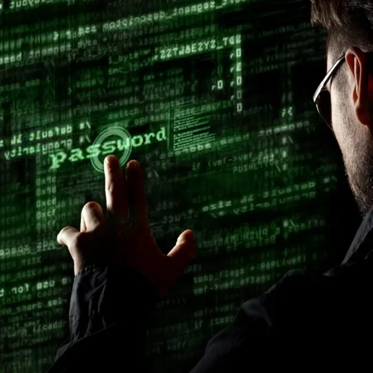 Homem interagindo com uma tela holográfica, semelhante à um terminal de computadores.