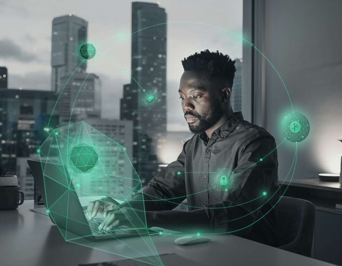 Homem trabalhando em computador com elementos tecnológicos.