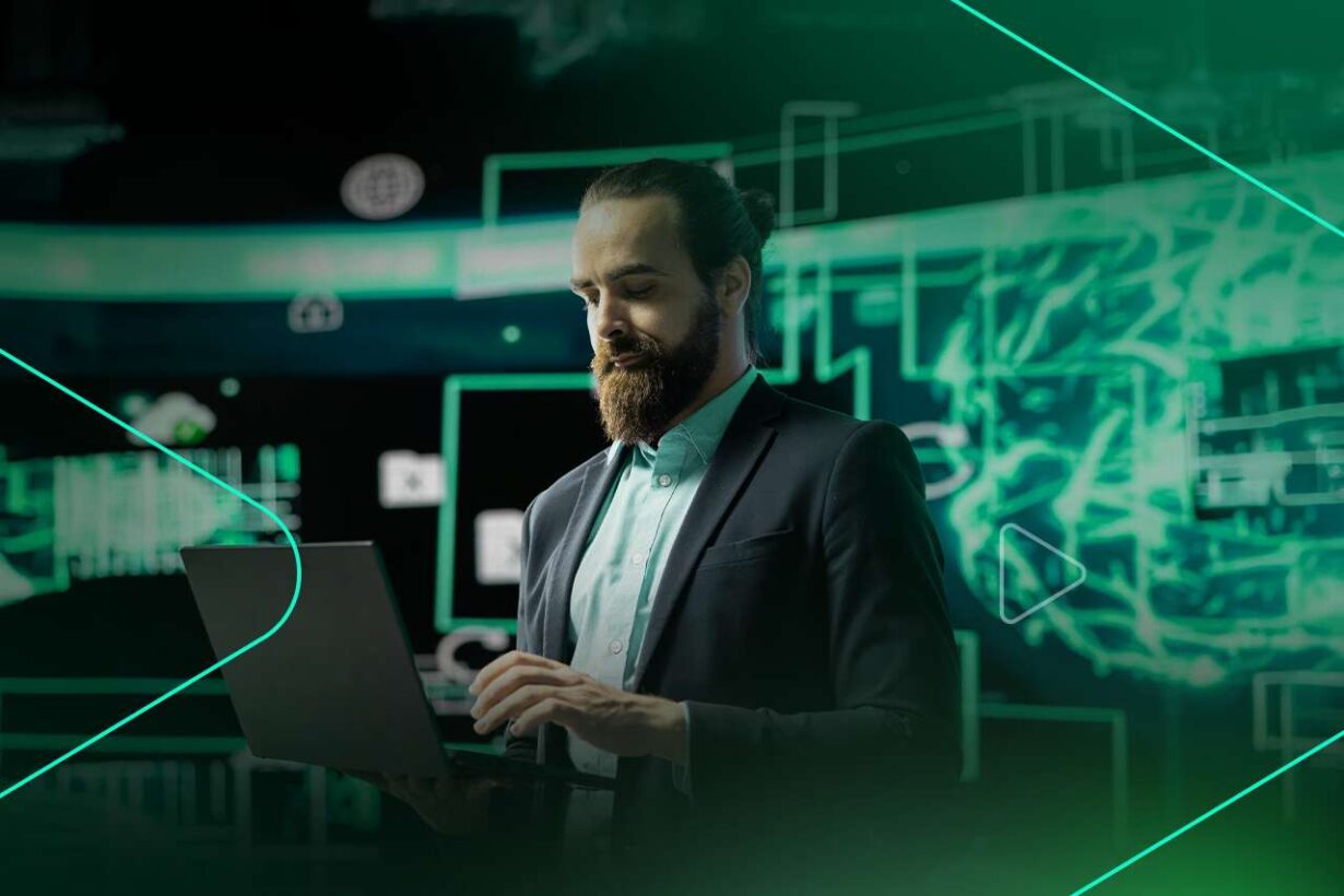 Homem de negócios usando laptop em ambiente digital