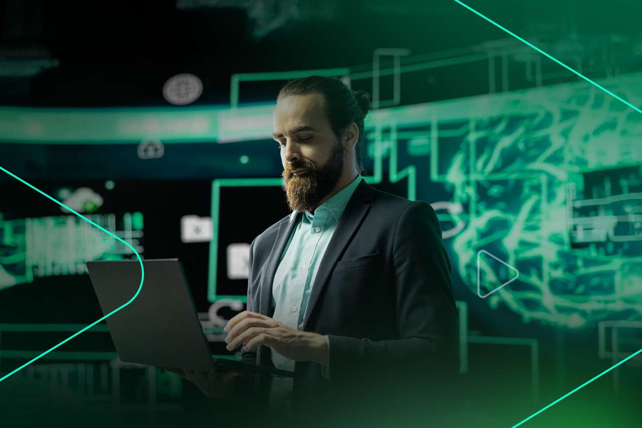 Homem de negócios usando laptop em ambiente digital