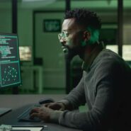 Homem trabalhando em computador com dados em tela.