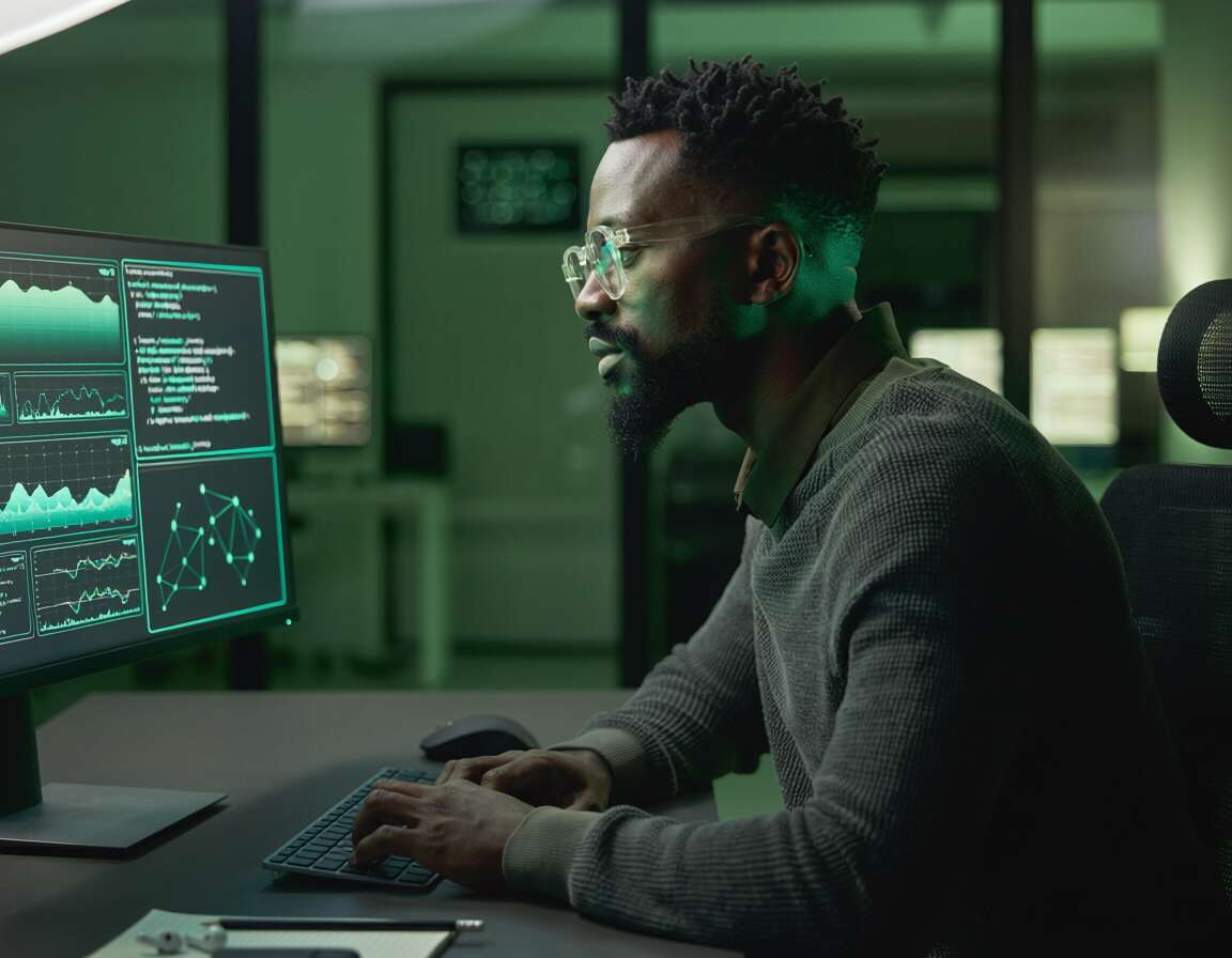 Homem trabalhando em computador com dados em tela.