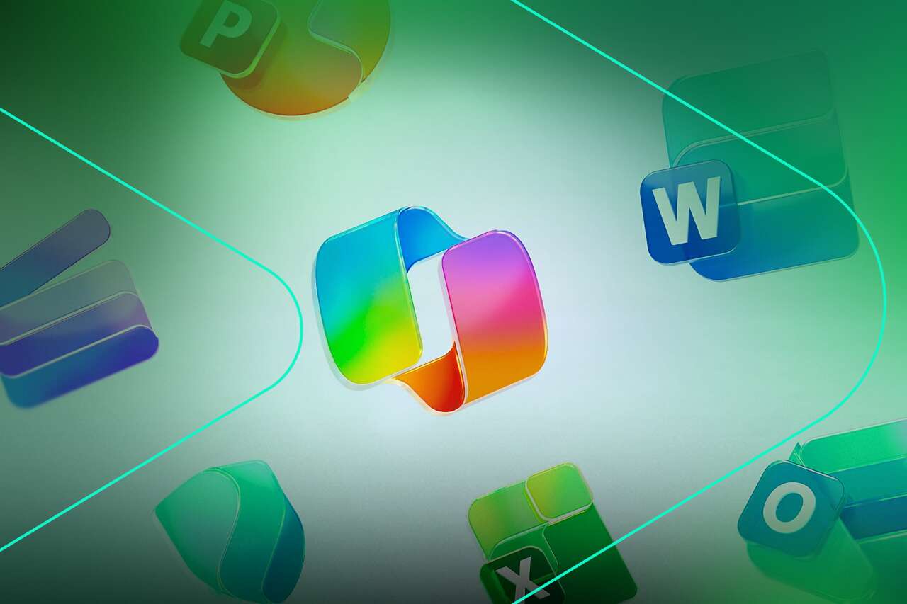 Logotipo colorido com ícones de aplicativos de escritório