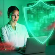 Mulher usando laptop com escudo de proteção digital.