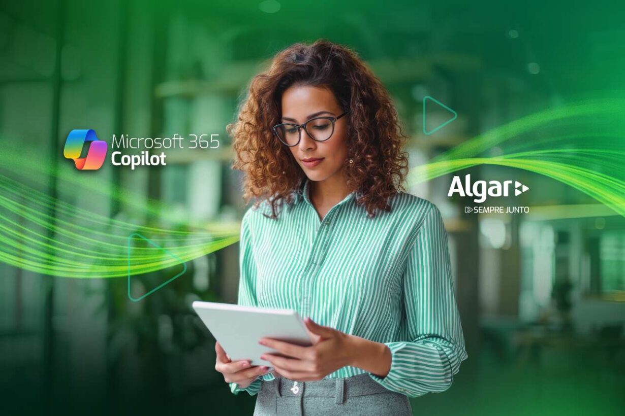 Mulher usando tablet com logotipos da Microsoft e Algar