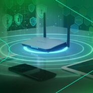 Roteador Wi-Fi com dispositivos conectados em fundo verde
