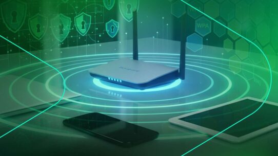 Roteador Wi-Fi com dispositivos conectados em fundo verde
