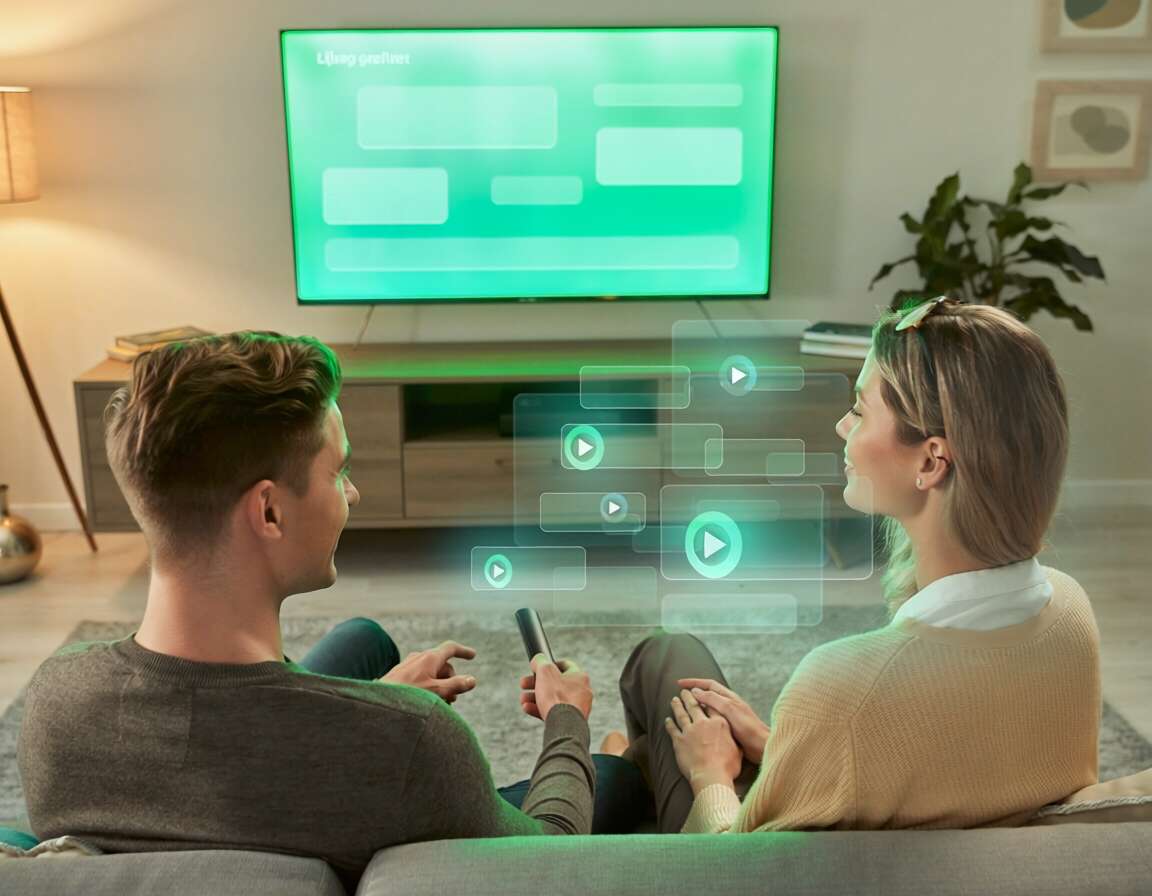 Casal assistindo TV com interações virtuais