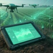 Drones sobrevoando lavoura com tablet de monitoramento.