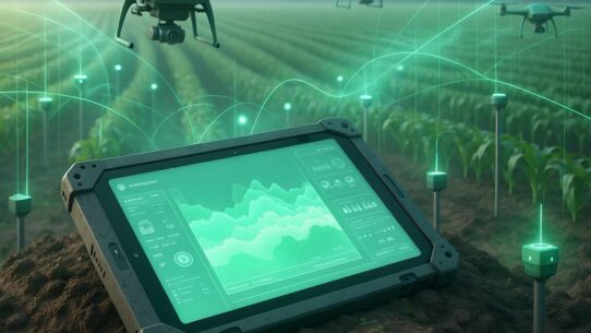 Drones sobrevoando lavoura com tablet de monitoramento.