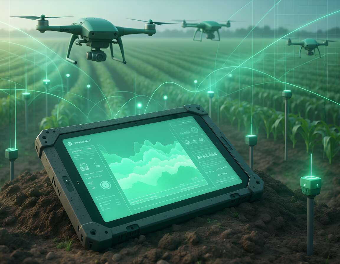 Drones sobrevoando lavoura com tablet de monitoramento.