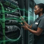 Profissional ajustando servidores em datacenter moderno.