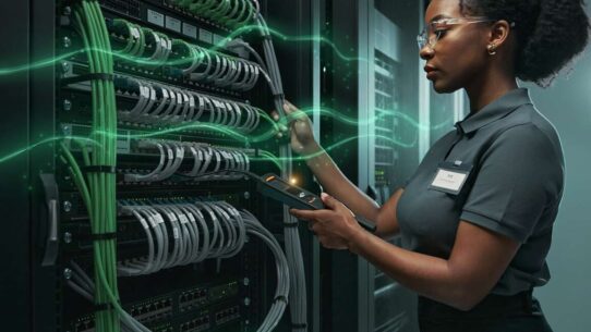 Profissional ajustando servidores em datacenter moderno.
