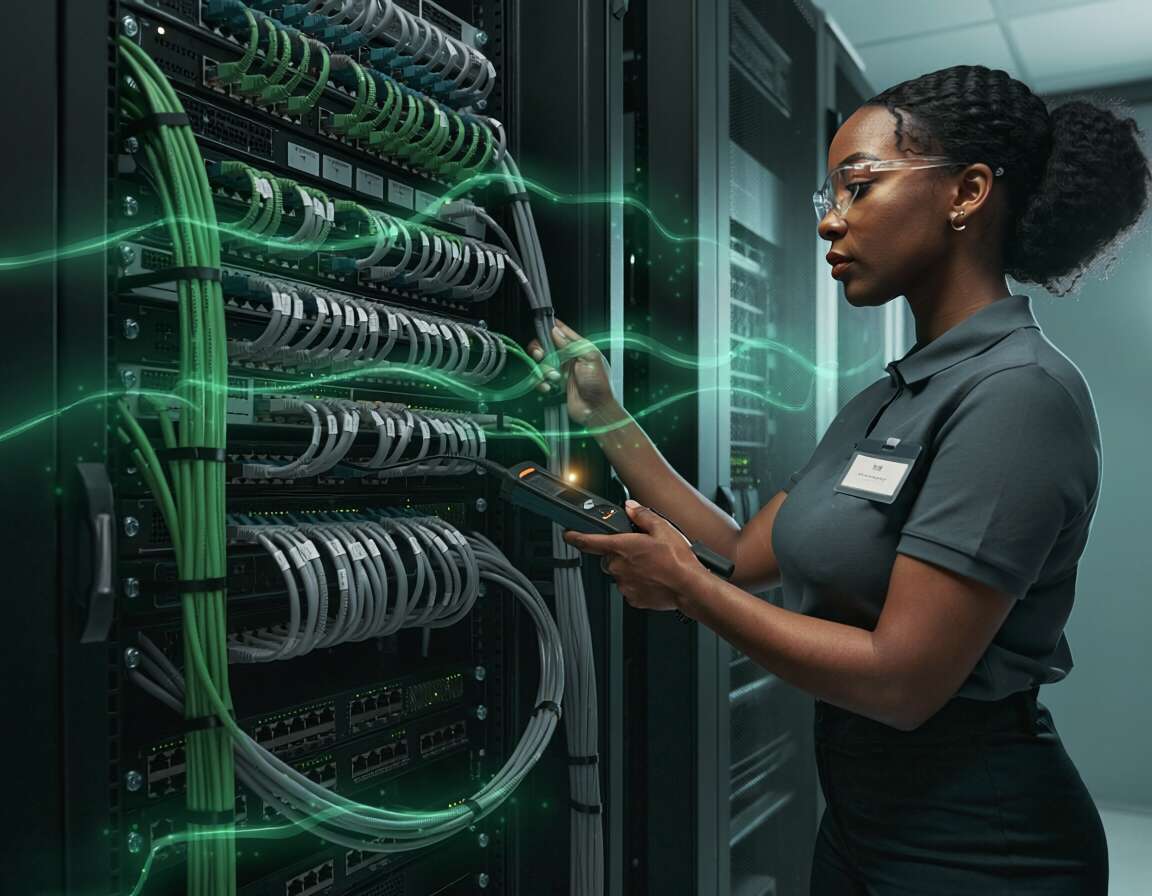 Profissional ajustando servidores em datacenter moderno.