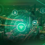 Cidade conectada com ícones de tecnologia e transporte