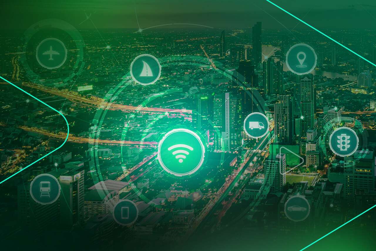 Cidade conectada com ícones de tecnologia e transporte