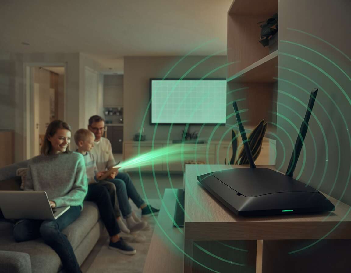 Família usando internet com roteador em casa.