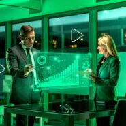 Executivos analisando dados em holograma verde