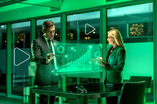 Executivos analisando dados em holograma verde